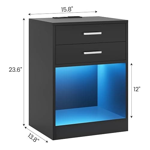 ADORNEVE LED Nightstands Set of 2,Night Stands for Bedrooms Set of 2,Nightstand with Charging Station and LED Lights,Black Bedside Table with Power Outlets & Drawers,Modern End Side Table thumbnail 2