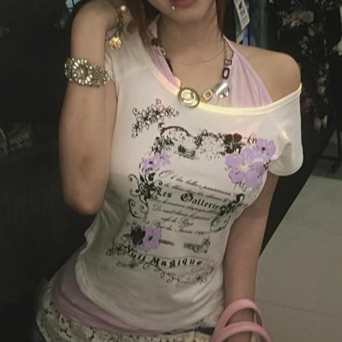 Baby Tee Y2k Women Grunge Top Emo 2000s Vintage Fake Two Piece Short Sleeve T Shirt Crop Tops Teens thumbnail 2