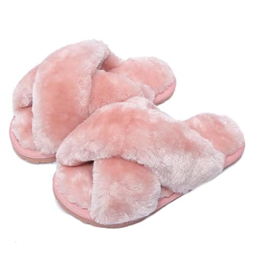 Fadezar Girls Fluffy Cute Fuzzy Slippers - Open Toe Warm Fur Slides Cross Band Plush Slip on House Indoor Slippers - Image 1