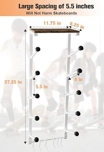 Koutemie Skateboard Rack Wall Mount with Five-Layer Skate Board Stand for Storage Longboard Deck Organizer, Skateboard Wall Display Hanger Holder with 6 Hooks for Home or Garage thumbnail 3