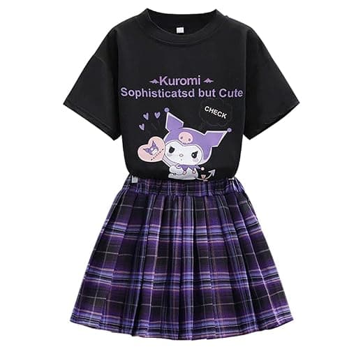 Satdflie Cartoon Girls Jk School Uniform Sets Short Sleeve Crewneck T Shirt and Plaid Pleated Mini Skirt 2 Piece Outfits Set - Image 1
