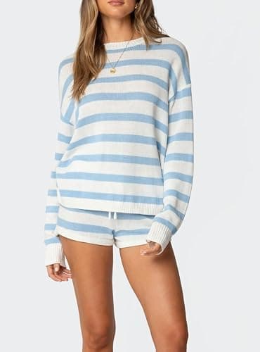 NUFIWI Women Striped Knit Sweater Set 2 Piece Outfit Oversized Long Sleeve Sweater and Shorts Matching Lounge Sets thumbnail 2