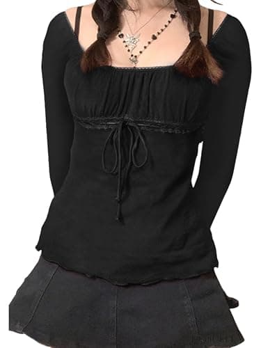 Y2K Mesh Top Women Long Sleeve Shirts Scoop Neck Ruffle Hem Babydoll Blouse - Image 1