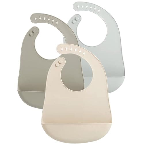 PandaEar 3 Pack Silicone Baby Bibs Cute Super Thin Light Weight Feeding Bibs for Babies & Toddlers, Waterproof Adjustable Soft Silicone Bibs with Food Catcher Pocket, Unisex, Non Messy - Image 1