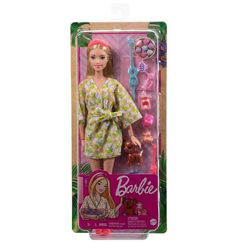 Barbie Doll, Kids Toys, Blonde Doll with Pet Puppy, Barbie Sets, Spa Day, Lemon Print Bathrobe, Headband and Eye Mask, Self-Care Series thumbnail 6