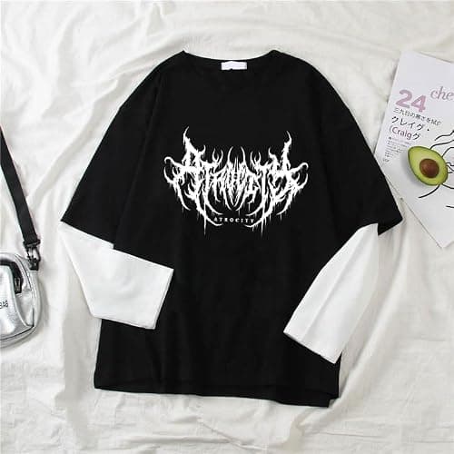 Goth Shirt Gothic Shirt Fake Two-Piece Alternative Clothing Goth Long Sleeve Top Grunge Clothes thumbnail 2