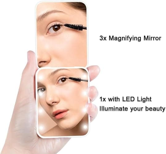 Compact Travel Makeup Mirror, 1x/3x Magnification, Handheld Mirror for Purse, Pocket, Folding, 2-Sided, 8 LEDs,Small Mirror with Lights (Cyan) thumbnail 3