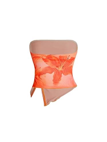 Milumia Women Floral Mesh Strapless Ruched Tube Top Split Hem Sleeveless Bandeau Crop Tops thumbnail 2
