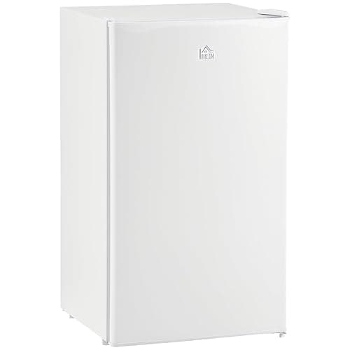 HOMCOM 3.2 Cu.Ft Mini Fridge with Freezer, Single Door Compact Refrigerator with Adjustable Thermostat, Shelf and Reversible Door for Bedroom, Dorm, Home Office, Energy Efficient, White