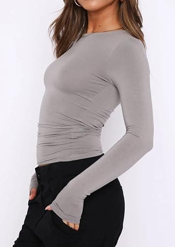 KMBANGI Women Crewneck Skinny Shirt Long Sleeve Basic Slim Crop T Shirts Knit Ribbed Layer Tee Tops Fashion Streetwear thumbnail 3