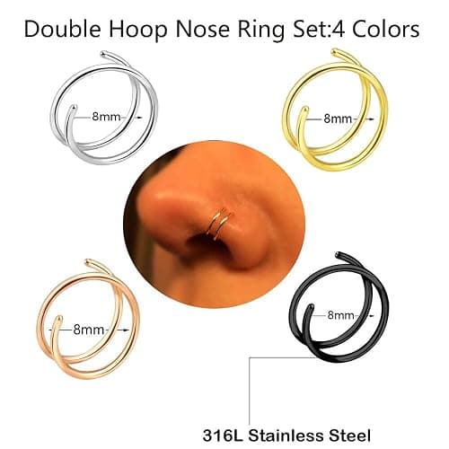 Renkovte Double Nose Ring for Single Piercing,20G Snug Spiral Nose Rings Hoops 8mm Thin Nose Piercing Jewelry for Women thumbnail 3