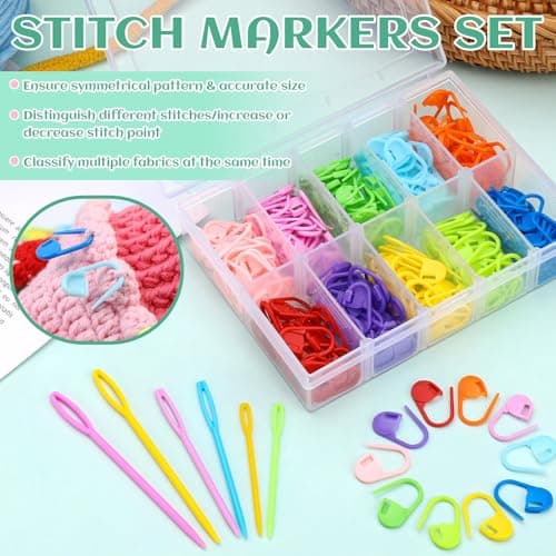 LUNARM 200 Pcs Stitch Markers for Crocheting, 10 Color Crochet Stitch Markers Knitting Locking Clip Pins with 6 Yarn Needles for DIY Craft Sewing thumbnail 6