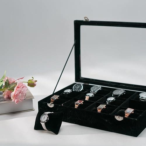 XHMQYC Jewelry Watch Tray, Black Velvet Watch Jewelry Organizer 12 Grid, Stackable Watch Bracelet Bangle Display Holder, with Clear Lid Adjustable Pillows, for Man Woman Show Birthday thumbnail 5