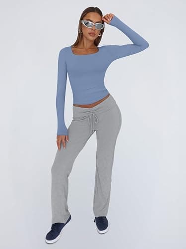 Trendy Queen Womens Long Sleeve Shirts Crop Tops Fall Fashion 2025 Square Neck Going Out Basics Tees Y2k Clothes thumbnail 6