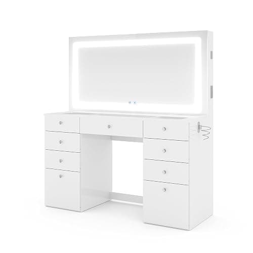 Boahaus Lydia Extra-Large Makeup Vanity Desk, Dimmable LED Mirror, Dual Bluetooth Speakers, 11 Drawers, USB-C & USB-A Ports, 110 V Outlet, Tempered Glass Top & Crystal Knobs thumbnail 8