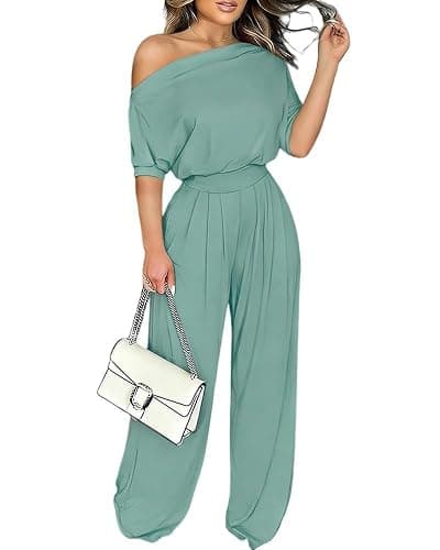 ChicMe Couture Women's One Shoulder Jumpsuit Batwing Sleeve High Waist Wide Leg Long Pants Rompers with Pockets - Image 1