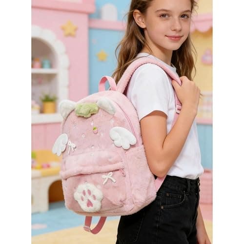 OATSBAS Women's Y2K Kawaii pink Plush Backpack Bunny and Cat Ear Bow Paw Print Wings Cute Fluffy Daypack (Cat,One size) thumbnail 4