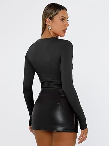 Trendy Queen Womens Long Sleeve Shirts Fall Fashion 2025 Basic Crop Tops Going Out Workout Outfits Y2k Clothes - Small - Black thumbnail 4