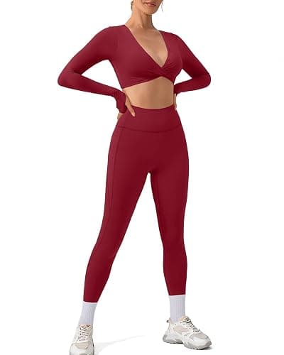 SUUKSESS Women 2 Piece Workout Sets Long Sleeve Twist Deep V Crop Padded Tops Yoga Leggings with Side Pockets thumbnail 3