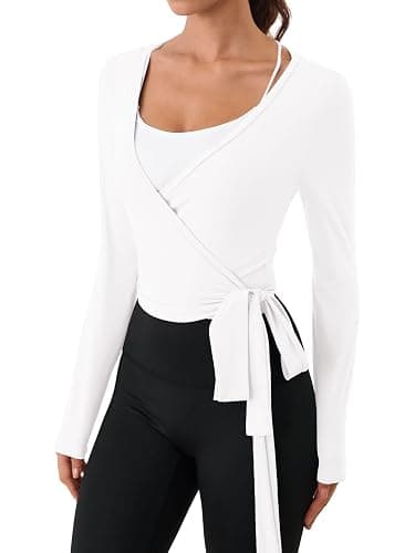 3rd hill Women Pilates Wrap Top Naked Feel Long Sleeve Tie Crop Yoga Shirt | 81% Nylon 19% Spandex, Double-Sided Naked Feel Fabric, Cropped V Neck Ballet Dance Top, Gym Fitness Athleisure, 1-Pack thumbnail 4