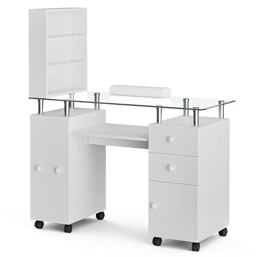 Paddie Manicure Table Nail Desk for Technician, Acetone Resistant Nail Tech Table Nail Table Station w/Glass Desktop, Wrist Cushion, 3-Tiers Shelves, Lockable Wheels & Cabinet (White) thumbnail 9