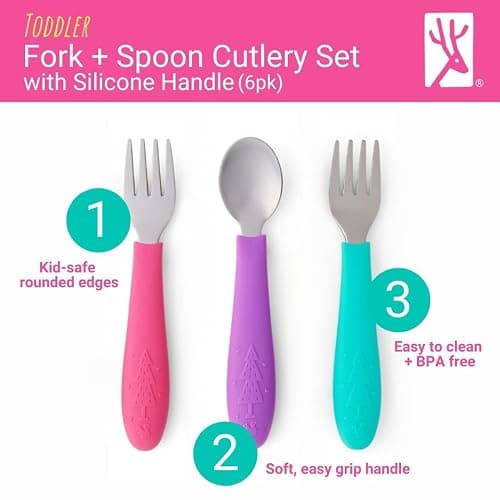 Elk and Friends Kids Silverware with Silicone Handle | Childrens Safe Flatware | Toddler Utensils | Baby Spoons + Forks | Stainless Steel Cutlery thumbnail 4