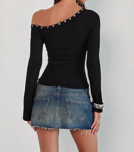 KIGRAD Women Y2k Grunge Grommet Eyelet Studded Off Shoulder Crop Tops Asymmetrical Fitted Long Sleeve Baby Tee Shirts thumbnail 3