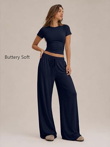 Trendy Queen Women's 2 Piece Matching Summer Lounge Set with Pockets | Vacation Airport Travel Outfits, Workout Gym Clothing Comfy Athleisure Clothes, Side-ruched Top, Drawstring Wide Leg Pants thumbnail 2