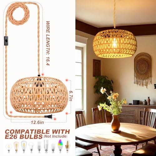Eqquorva Hanging Lights with Plug in Cord Rattan Hanging Lamp Boho Ceiling Light Fixtures Farmhouse Pendant Lamp Shape for Living Room Bedroom Kitchen thumbnail 4