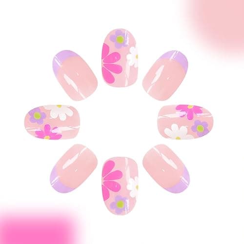 Flower Press On Nails - Short Almond French Tip Colorful Flowers Acrylic Nude Pink Full Cover Glue On Floral False Nails for Women Girls - 24 Pcs thumbnail 2