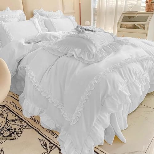 Girls Lace Bedding, Queen Comforter Cover Set, Chic Ruffled Duvet Cover with 2 Layers Ruffle,Princess Style 1 Duvet Cover with 2 Pillowcases, No Comforter-White,Queen Size thumbnail 9