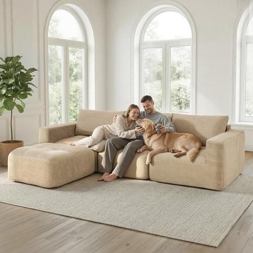 MCombo 121" Oversized Boneless Sofa with Ottoman, Extra Deep Cloud Couch Modular Sectional Sofa, Compressed Foam Couch for Living Room SS378 (Light Brown) thumbnail 3