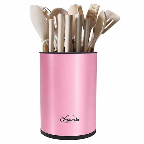 CHAMARKS 3-in-1 Kitchen Utensil Holder for countertop with Knife Block and Silverware Caddy. (Pink) thumbnail 5