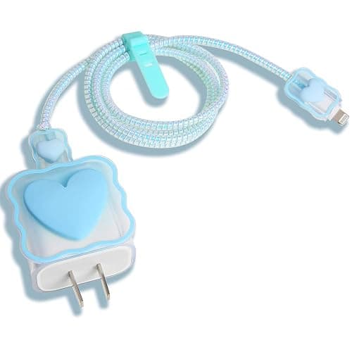 QLD COVER Compatible with iPhone 18W/20W USB-C Charger Cover Lovely 3D Love Heart Waves Clear Soft Charger Protector Cute Cable Saver for iPhone 11 12 13 14 Pro Max Fast Power Adapter, Blue 1 (5in1) - Image 1