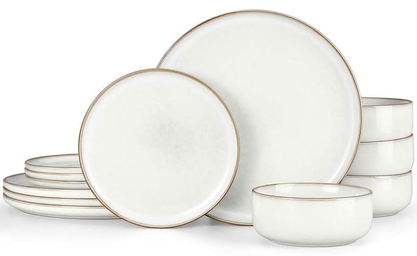 Herogo Plates and Bowls Set for 4, 12 Pieces Stoneware Dinnerware Sets, Double Reactive Glaze, Microwave & Dishwasher Safe, Scratch Resistant, Ivory White - Image 1