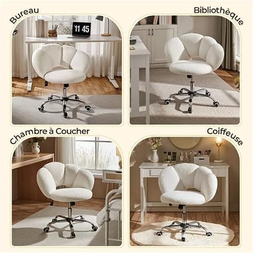 Yaheetech Fauteuil de Bureau, Chaise Pivotante Ergonomique, Dossier Confort en Nuage, Réglable en Hauteur, Charge 136 kg, pour Salon Chambre Bureau, Blanc/Bouclé thumbnail 8