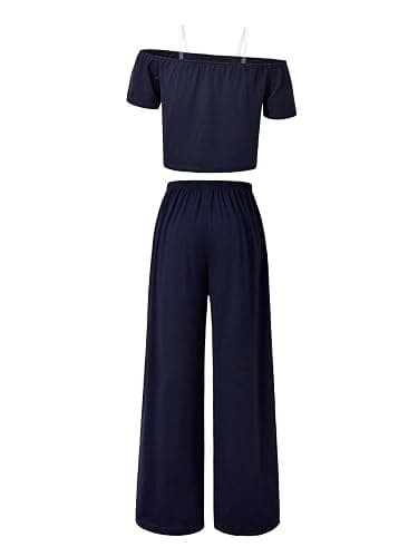 Verdusa Girl's 2 Piece Athletic Tracksuit Number Off The Shoulder Tops with Wide Leg Pants Set thumbnail 2
