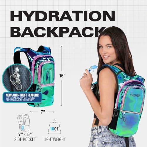 SOJOURNER Rave Hydration Pack Backpack - 2L Water Bladder Included for Festivals, Raves, Hiking, Biking, Climbing, Running and More (Medium) (Laser Holographic - Purple) thumbnail 2