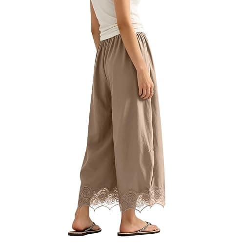 Womens Cropped Lace Trim Pants High Waisted Elastic Drawstring Wide Leg Trousers Casual Flowy Boho Pant with Pockets thumbnail 6