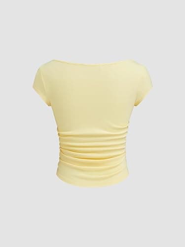 CIDER Women Ruched Crop Top Cap Sleeve Tee Boat Neck Fitted T Shirts thumbnail 5