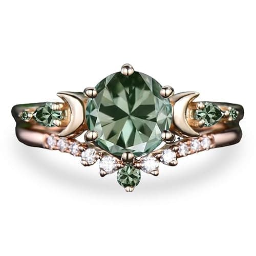 LELOUCHY 10K 14K 18K Rose Gold 2CT Gemstone Engagement Ring Set for Women 925 Sterling Silver 8mm Round Gemstone Triple Moon Goddess Art Deco Bridal Wedding Ring Set (Size 4-15) - Image 1
