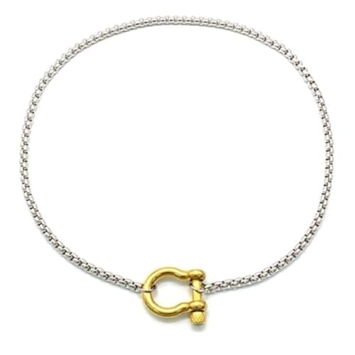 SIXAOAZZ 18K Gold Plated Buckle Necklace with Heavy Screw Anchor Shackle Wheat Chain Two Tone Carabiner 17.7 Inch Stainless Steel Foxtail Chain - Image 1