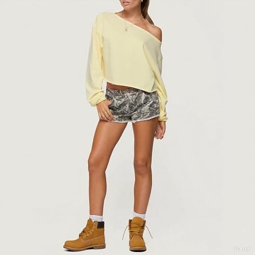 Women Off The Shoulder Sweatshirt Oversized Crop Top | One Shoulder Long Sleeve Pullover Cropped Sweatshirts, Y2k, Off Shoulder, Gym Workout Sweaters thumbnail 3