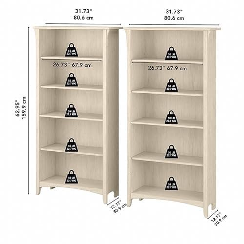 Bush Furniture Salinas Tall 5 Shelf Bookcase - Set of 2 in Antique White, Vertical Office Storage, Bookshelves for Home Workspace, Multi-Purpose Shelving Units thumbnail 3