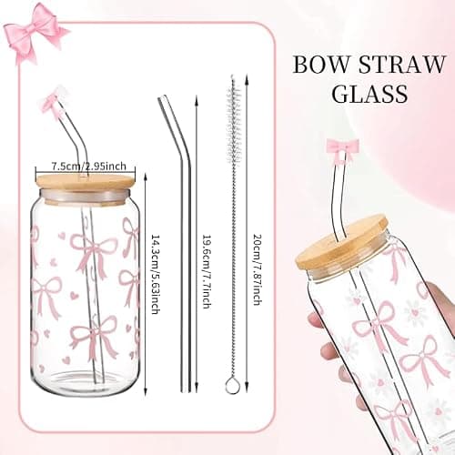 Nymora 2 Bow Glass Cups with Lids and Straws - Glass Tumbler with Straw, Lid and Silicone Covers, Gift for Birthdays, Christmas, Back to School (Bow & Flowers) thumbnail 3