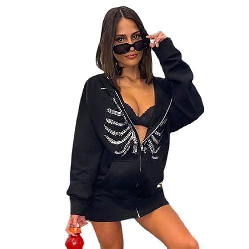ANKOMINA Women's Rhinestone Skeleton Hoodies Zip Up Sweatshirts Y2K Long Sleeve Skull Jacket Pullover Tops - Medium - Black thumbnail 2