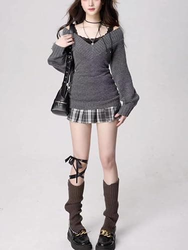 Women Vintage Coquette V-Neck Slim Fit Sweater Y2K Aesthetic Long Sleeve Knitted Pullovers Top thumbnail 4