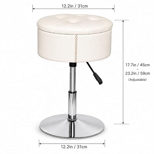 ACEQLYT 2 in 1 Adjustable Storage Vanity Stool with Flip-Over Wood Tray | 360° Swivel Vanity Chair with Storage, Small Round Makeup Stool for Vanity, White PU Leather thumbnail 2