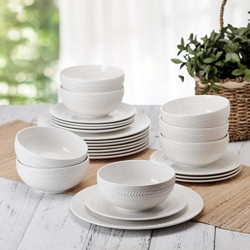 Pfaltzgraff Josephine 24-Piece Dinnerware Set, Porcelain Dish Set with Embossed Basket Weave Design, Service for 8, White Plates and Bowls Sets, Microwave and Dishwasher Safe thumbnail 5
