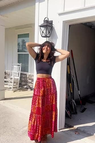 Happy Sailed Womens Floral Print Boho Maxi Skirt Elastic High Waist Pleated Ruffle Flowy Long Skirts S-XL thumbnail 6